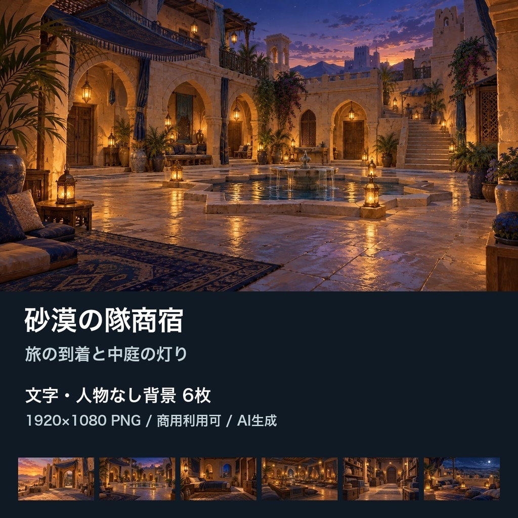 【背景素材6枚】砂漠の隊商宿 ― 旅の到着と中庭の灯り|TRPG・ゲーム・商用利用可