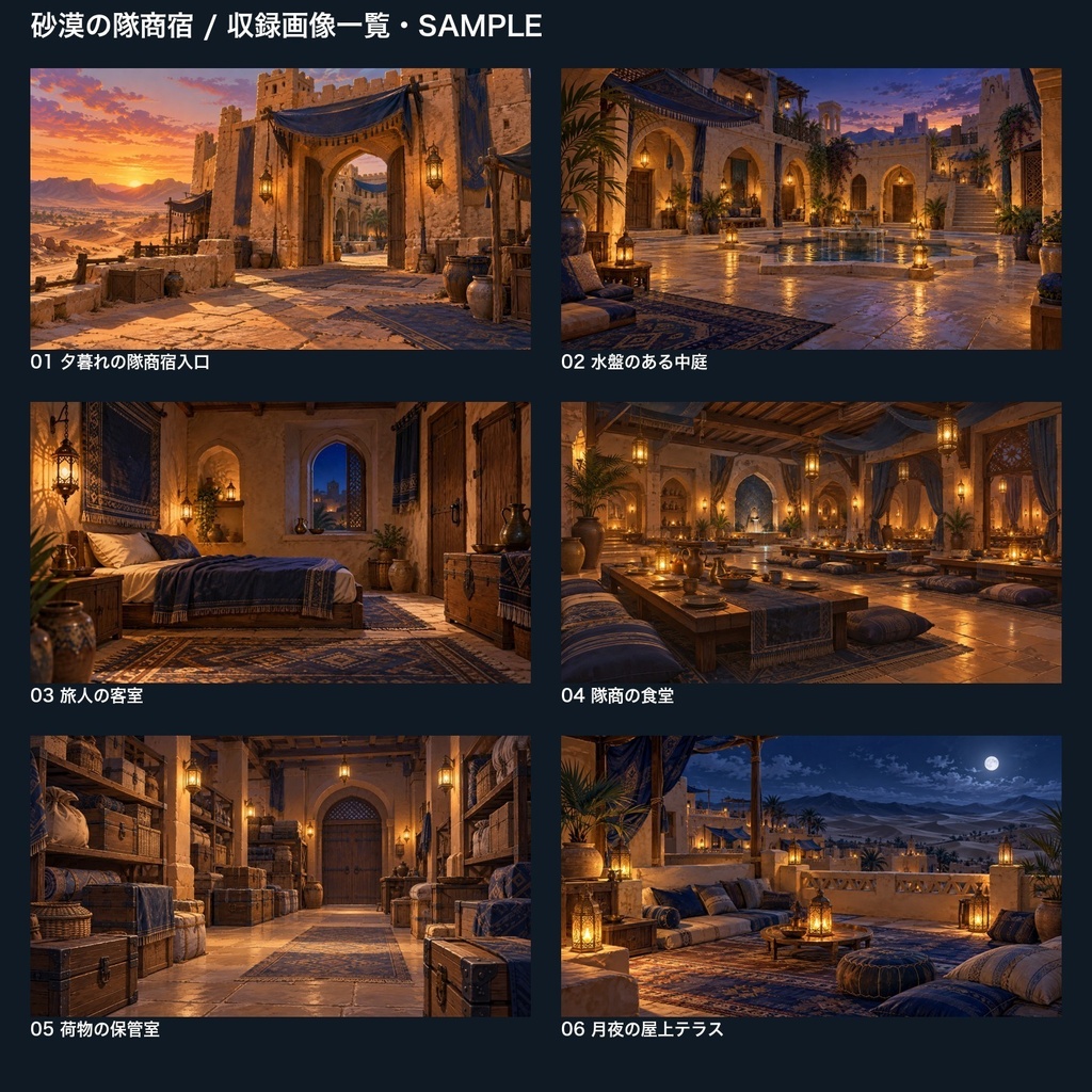 【背景素材6枚】砂漠の隊商宿 ― 旅の到着と中庭の灯り|TRPG・ゲーム・商用利用可