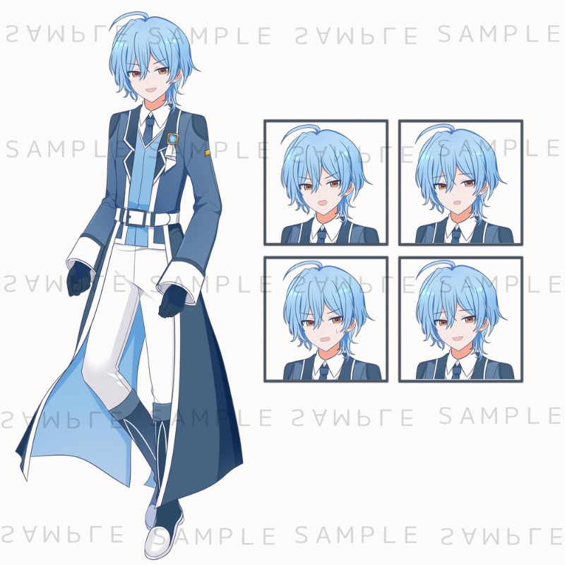 キャラクター立ち絵素材　青髪×青いロングコートの青年