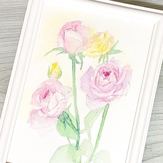 薔薇のアレンジの水彩原画