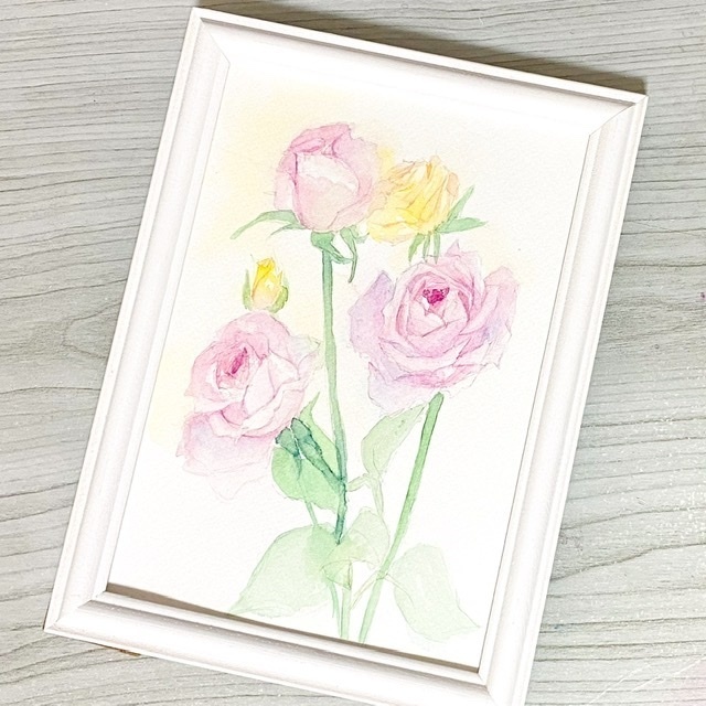 薔薇のアレンジの水彩原画