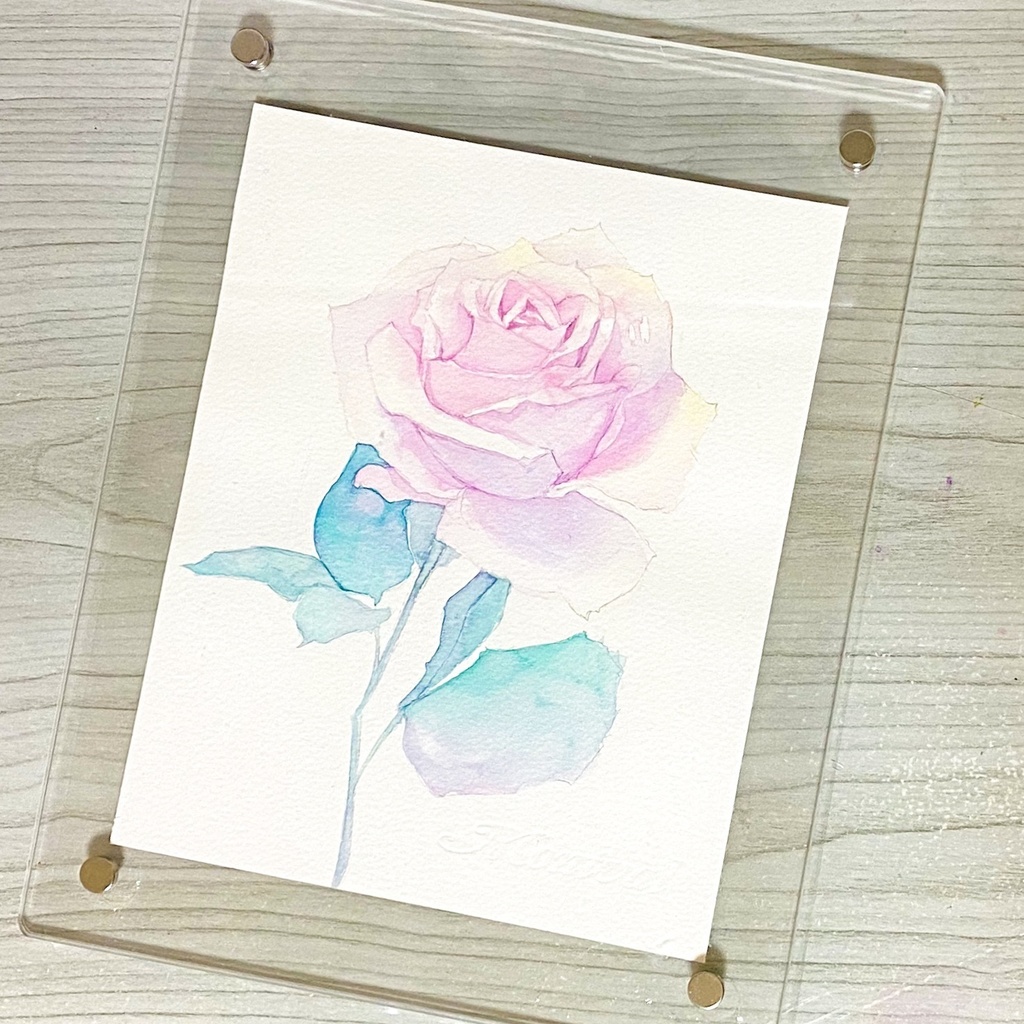 やさしいピンクの薔薇の水彩原画