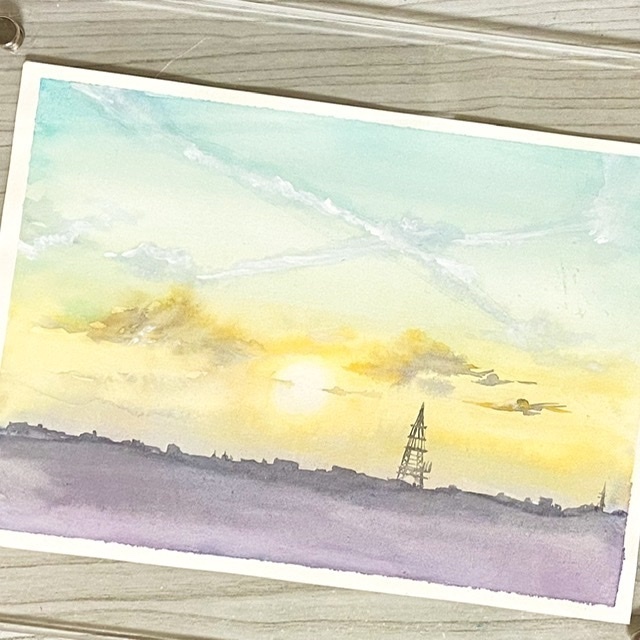 やさしい夕焼けの水彩原画