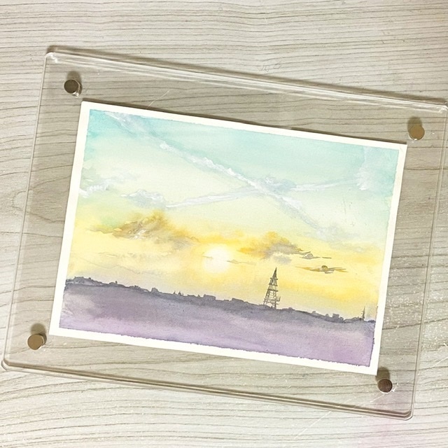 やさしい夕焼けの水彩原画