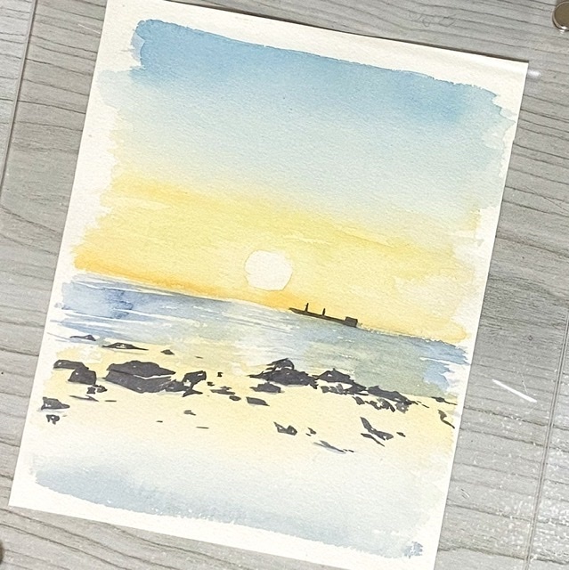 海辺の夕焼けの水彩原画