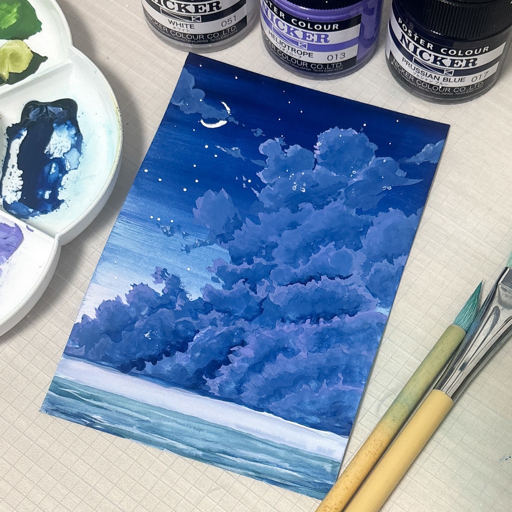雲かかる夜空の原画【ポスターカラー】