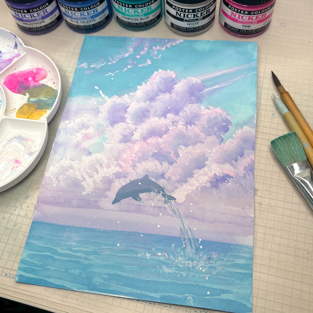 イルカのいる海の原画【ポスターカラー】