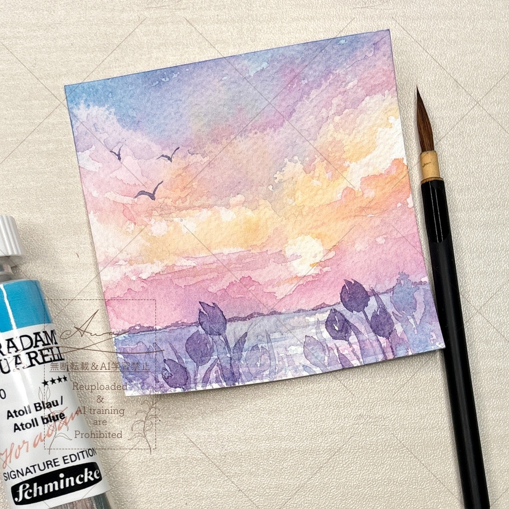チューリップと夕暮れの8cm原画