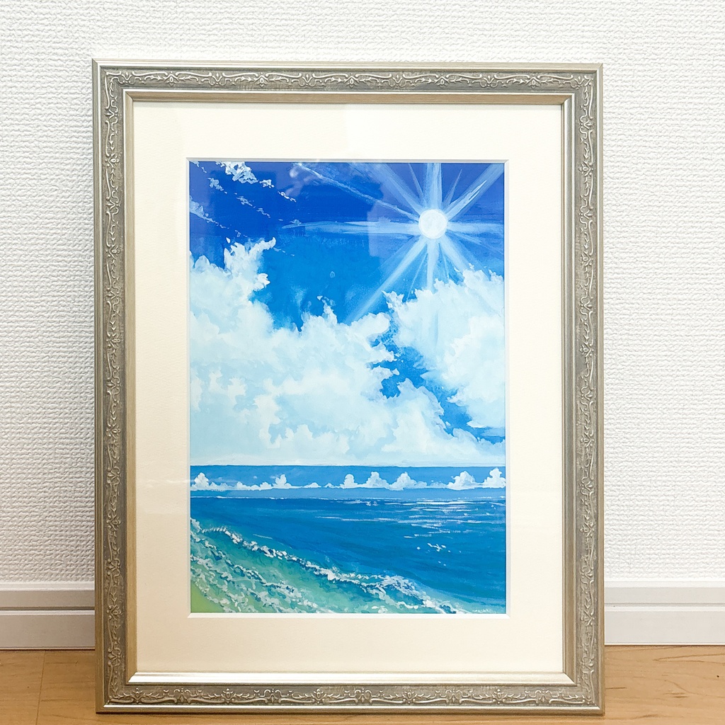 【8/2 20時～】【額装原画】輝く太陽、打ち寄せる波【ポスターカラー】