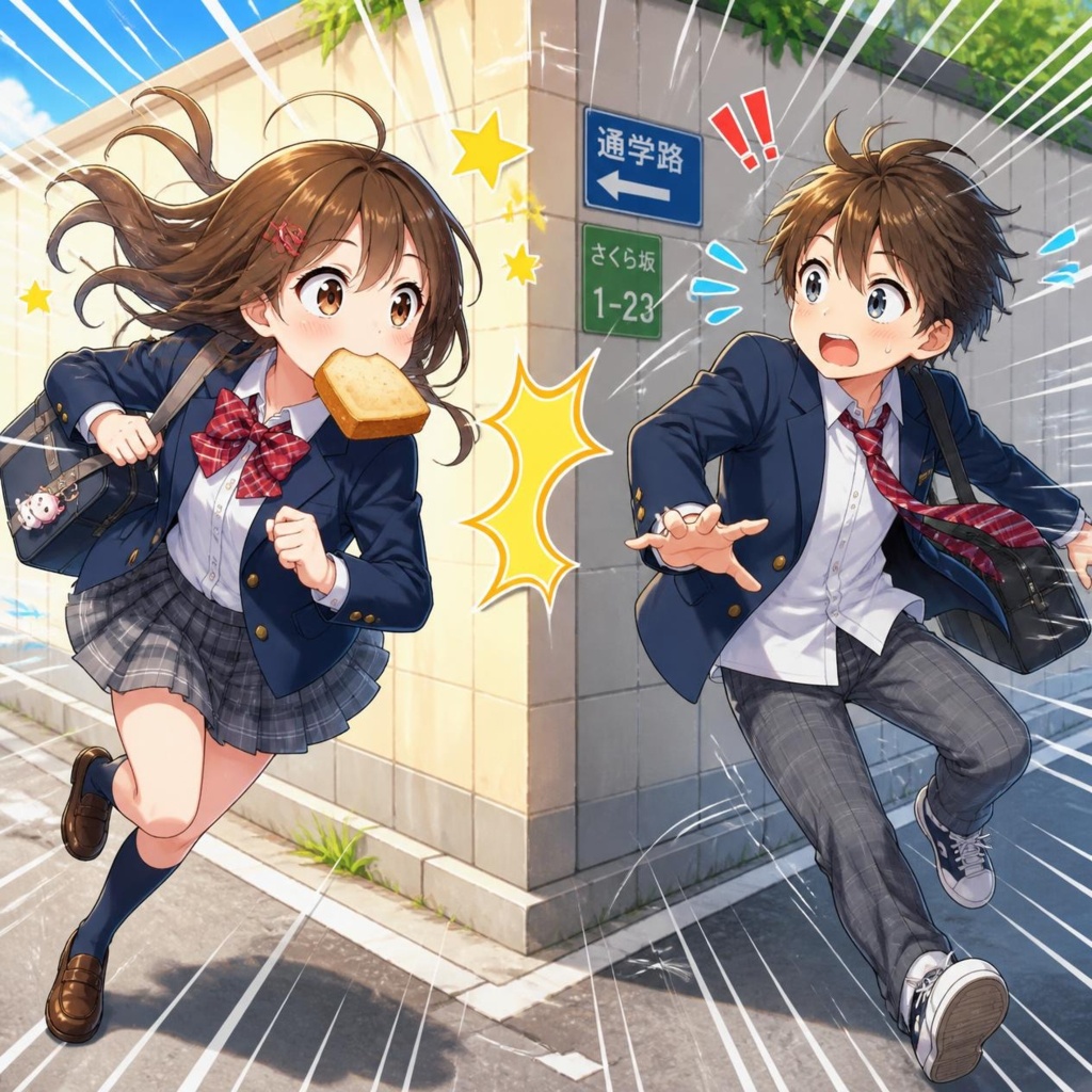 定番のパンを咥えてぶつかる女の子と男の子