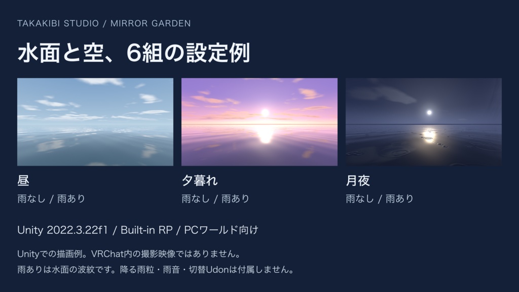【半額セール中】VRChat用 水面シェーダー集|昼・夕暮れ・月夜と雨【PCワールド向け】