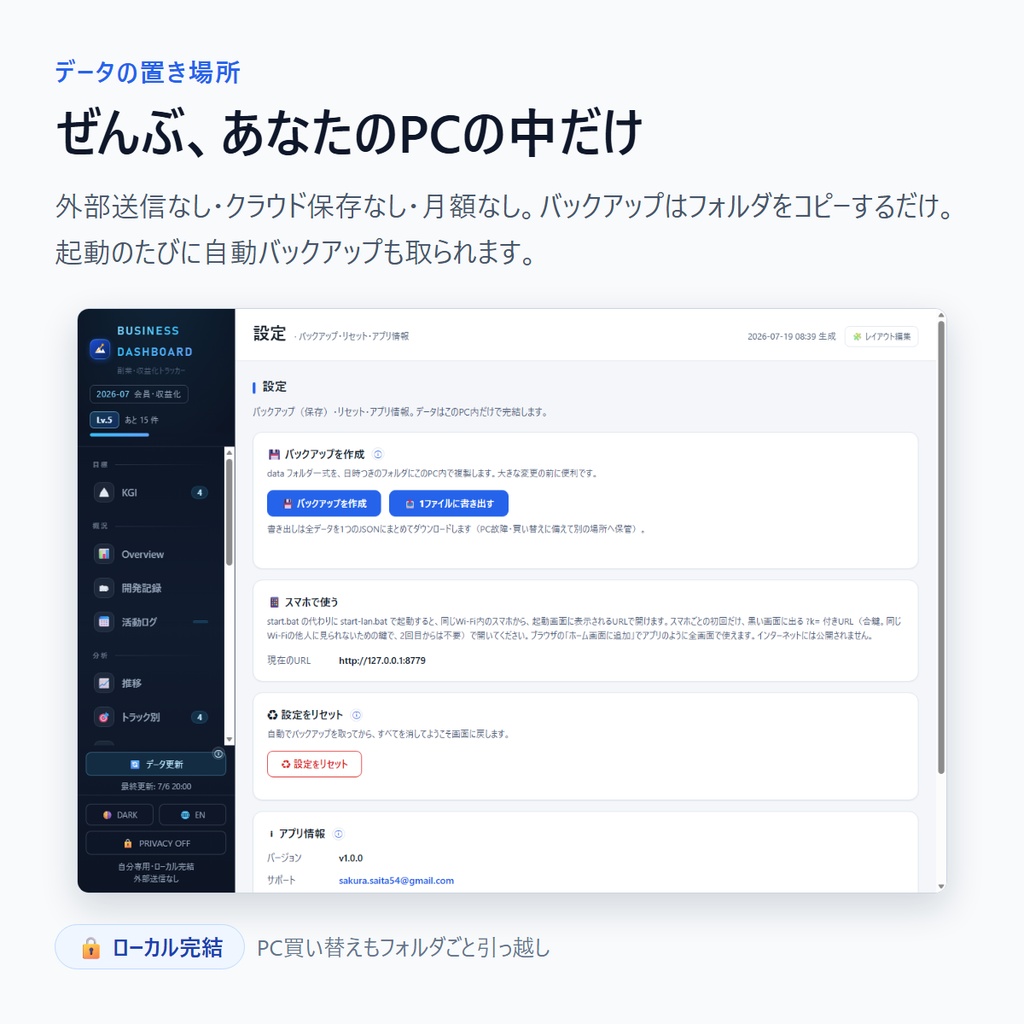 KPI DASHBOARD 完全版|目標達成を1枚で回す自己管理ダッシュボード(Windows・買い切り/テンプレ11種・Claude Code連携)