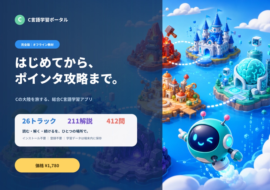 【C言語学習ポータル】プログラミング思考から始める総合C言語学習アプリ（26トラック・演習412問）