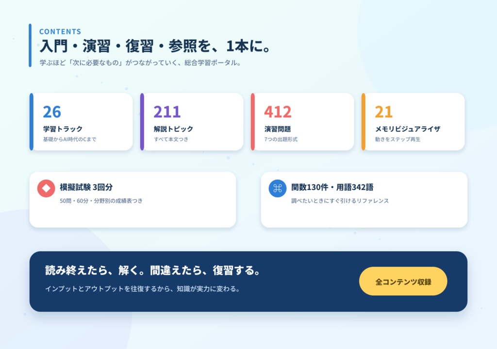 【C言語学習ポータル】プログラミング思考から始める総合C言語学習アプリ(26トラック・演習412問)
