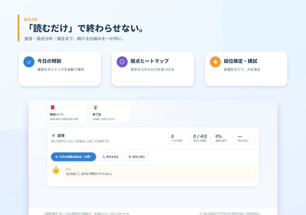 【C言語学習ポータル】プログラミング思考から始める総合C言語学習アプリ(26トラック・演習412問)