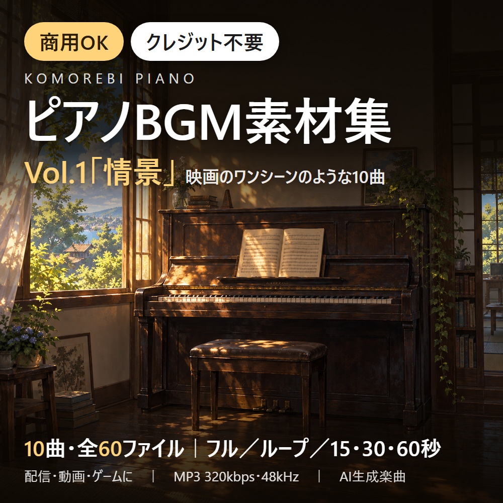 【商用OK・クレジット不要】ピアノBGM素材集 Vol.1「情景」｜配信・動画・ゲーム向け10曲60ファイル（ループ・15/30/60秒付き）