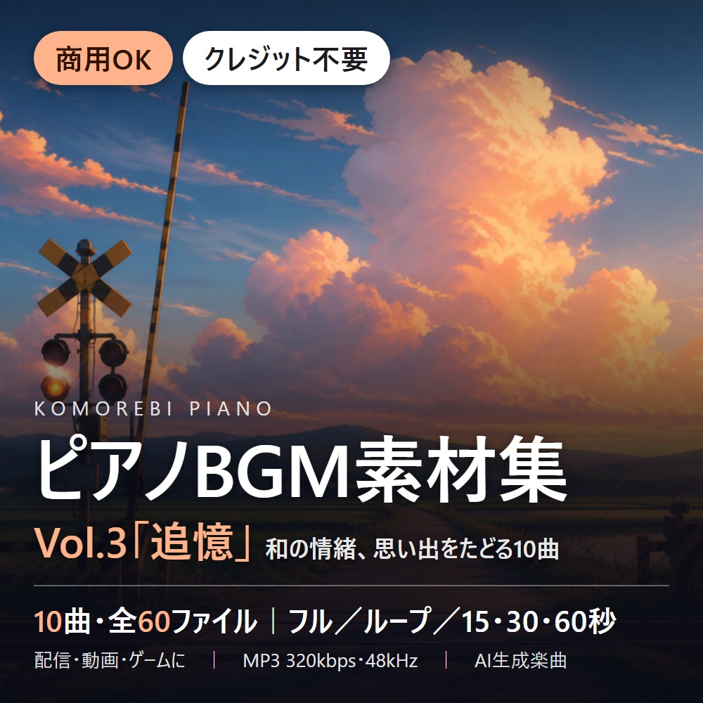 【商用OK・クレジット不要】ピアノBGM素材集 Vol.3「追憶」|配信・動画・ゲーム向け10曲60ファイル(ループ・15/30/60秒付き)