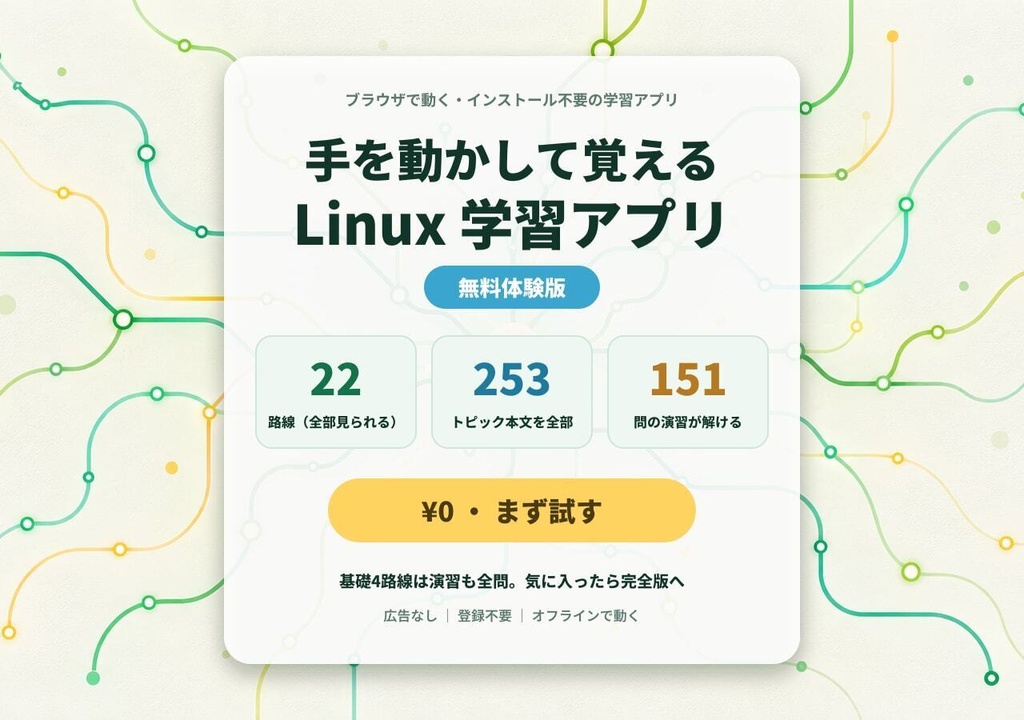 【無料体験版】手を動かして覚える Linux学習アプリ ― 151演習＋打つと図が動くターミナル＋全253トピックの解説が読める