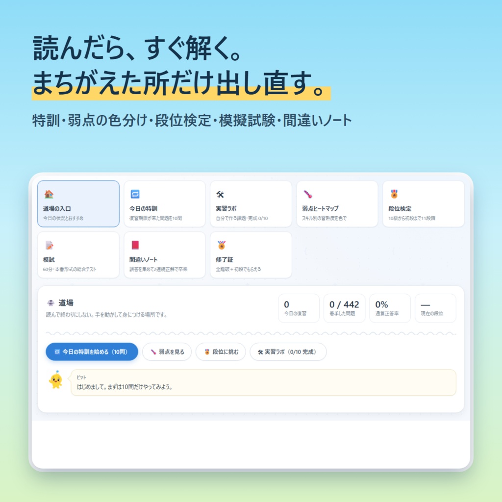 【C言語学習アプリ 完全版】手を動かして覚える ― 演習442問+道場(段位検定・模試5回)+メモリの図解21本