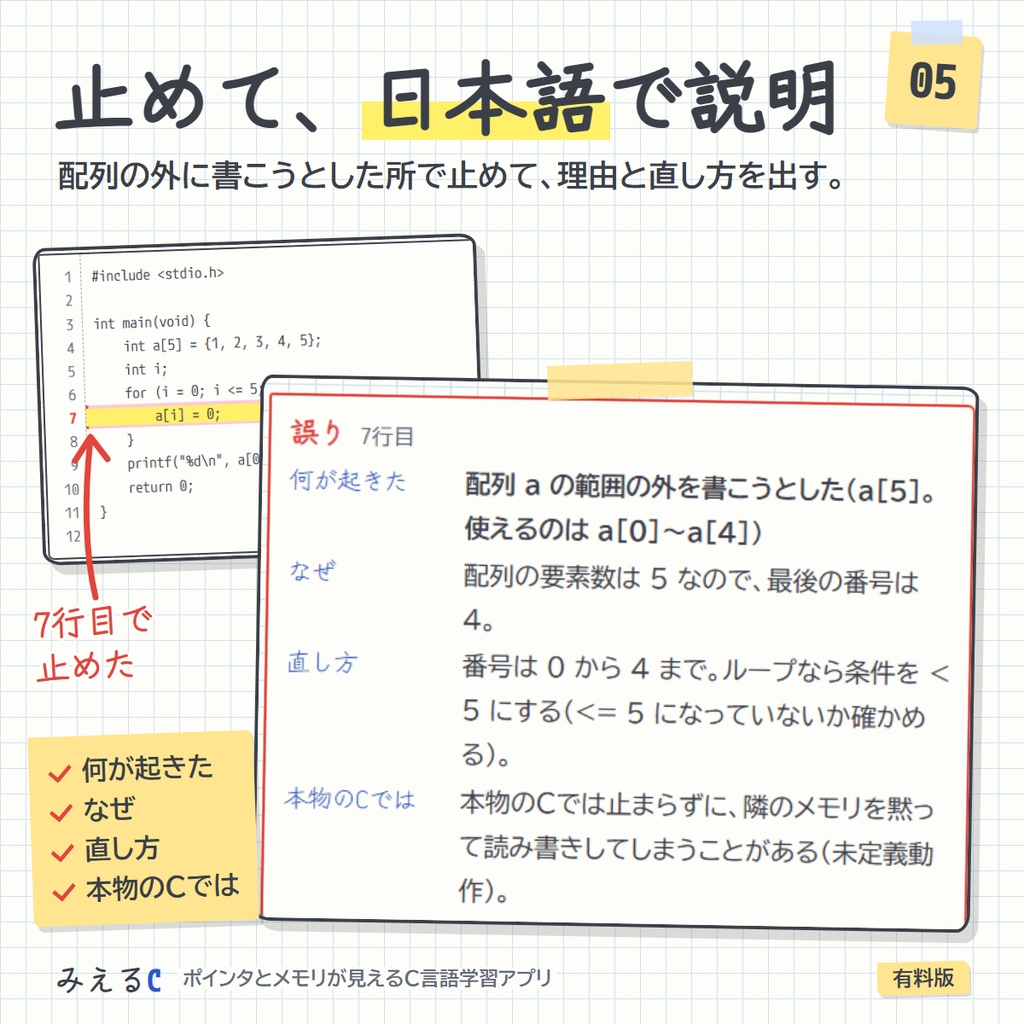【みえるC 有料版】ポインタとメモリが見えるC言語学習アプリ ― 211レッスン・その場で動かせるコード315本・演習508問