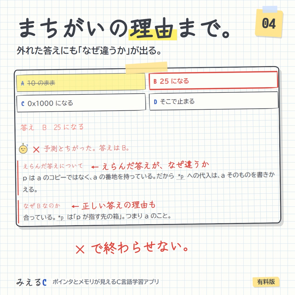 【みえるC 有料版】ポインタとメモリが見えるC言語学習アプリ ― 211レッスン・その場で動かせるコード315本・演習508問