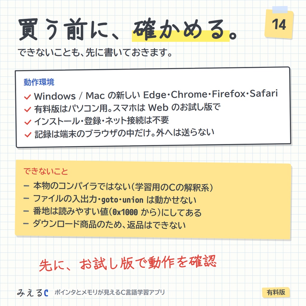 【みえるC 有料版】ポインタとメモリが見えるC言語学習アプリ ― 211レッスン・その場で動かせるコード315本・演習508問