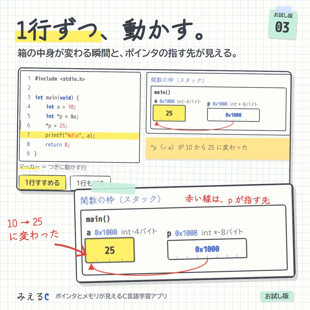 【みえるC お試し版】ポインタとメモリが見えるC言語学習アプリ ― 48レッスン・演習124問・登録なし