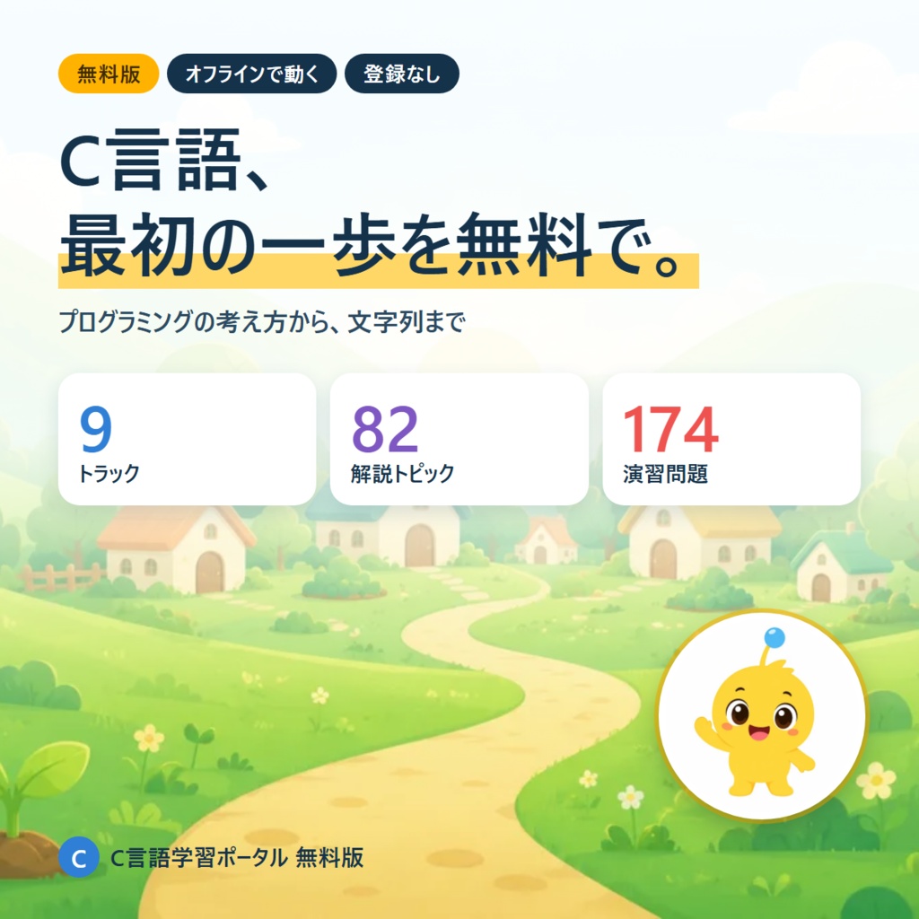 【無料体験版】手を動かして覚える C言語学習アプリ ― 演習174問+メモリの図解+全82トピックの解説が読める