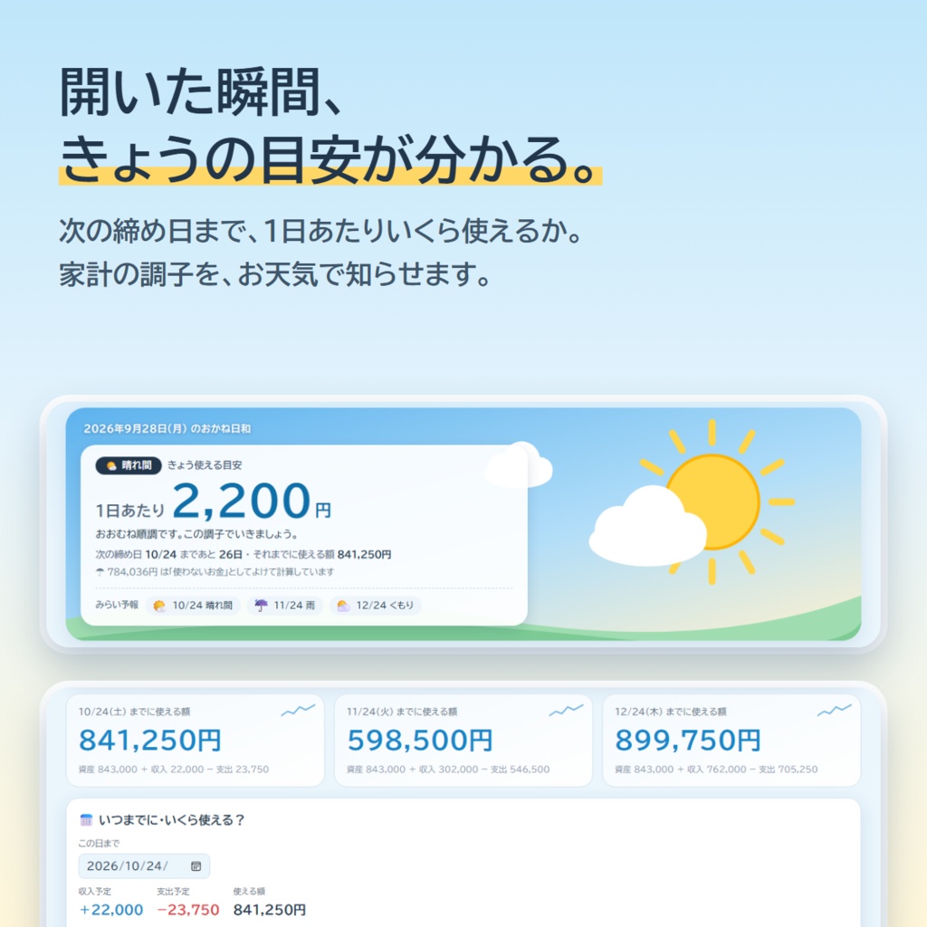【家計簿アプリ】おかね日和 ― きょう、いくら使っていい?がひと目で分かる(買い切り・口座連携なし)