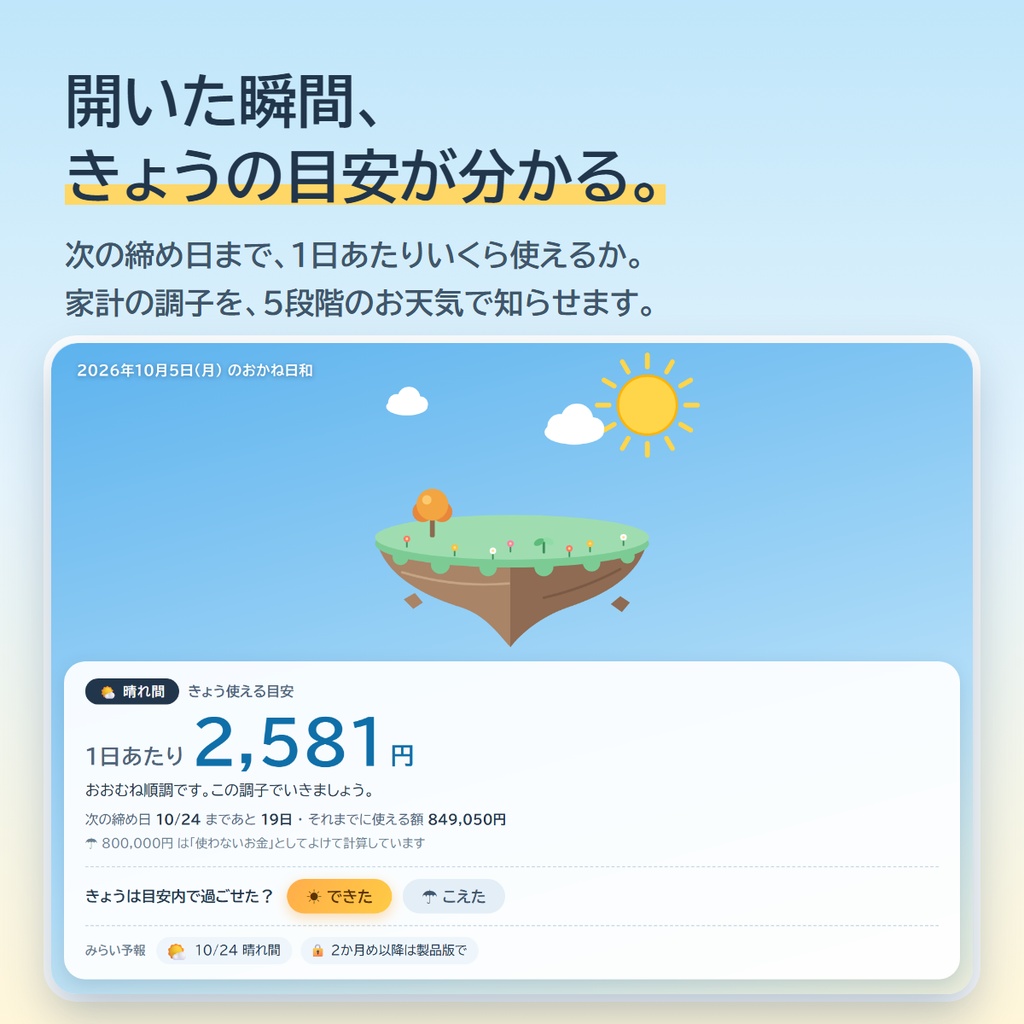 【無料・家計簿アプリ】おかね日和 無料版 ― きょう、いくら使っていい?がひと目で分かる(登録なし・口座連携なし)
