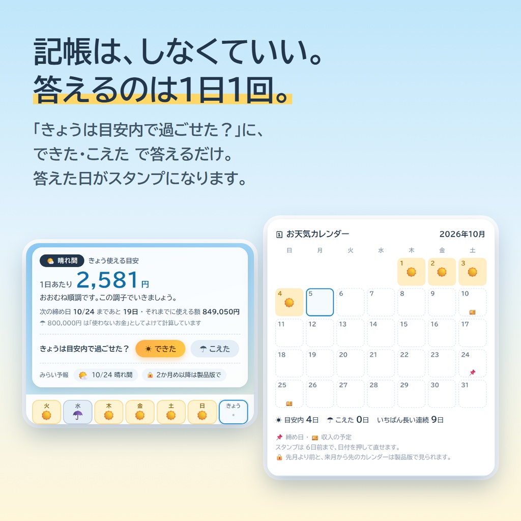 【無料・家計簿アプリ】おかね日和 無料版 ― きょう、いくら使っていい?がひと目で分かる(登録なし・口座連携なし)