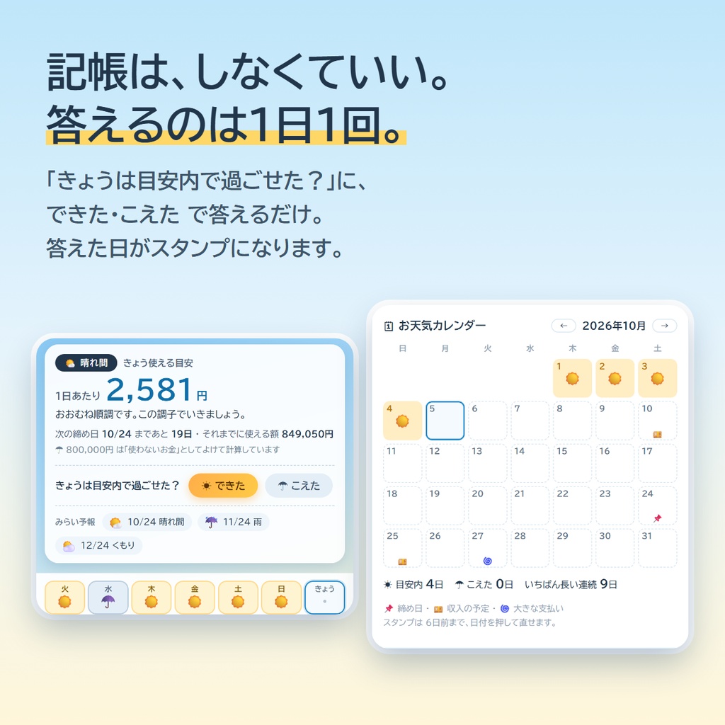 【家計簿アプリ】おかね日和 ― 1日1回こたえるだけで島が育つ。きょう、いくら使っていい?が分かる(買い切り・口座連携なし)