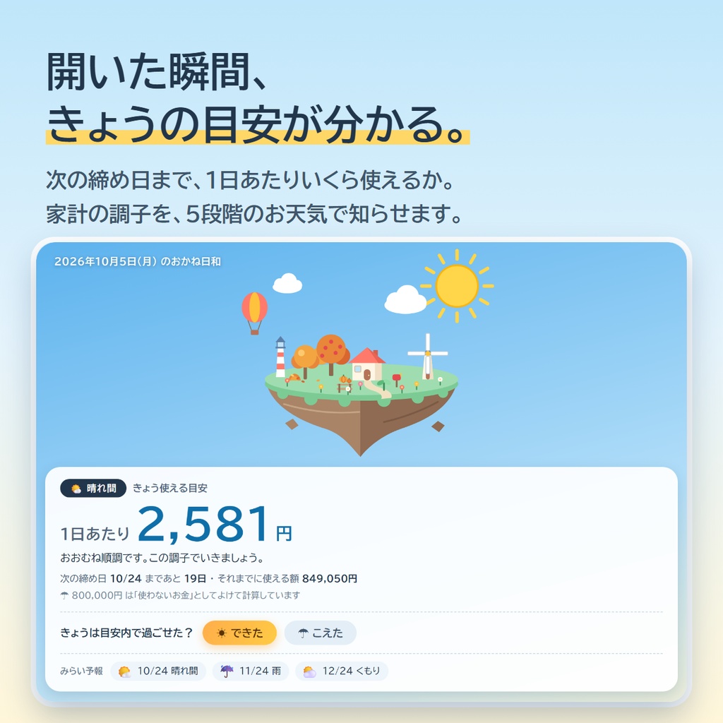 【家計簿アプリ】おかね日和 ― 1日1回こたえるだけで島が育つ。きょう、いくら使っていい?が分かる(買い切り・口座連携なし)