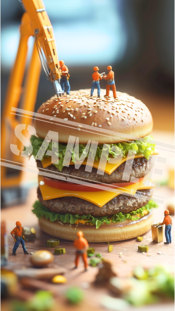 ミニチュア作業員とバーガーの現場|スマホ壁紙