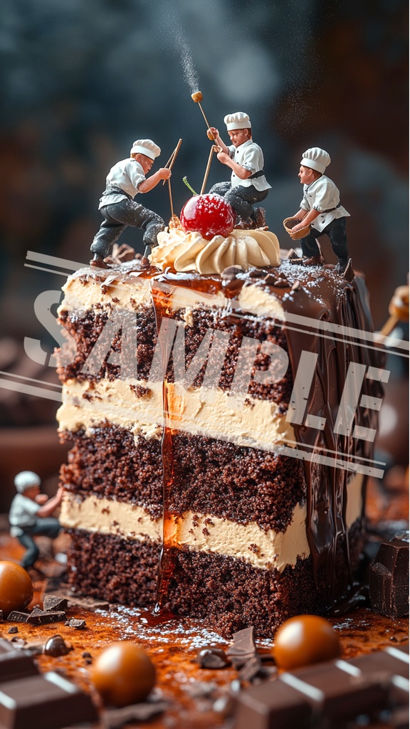 ミニチュア作業員とチョコケーキの現場｜スマホ壁紙