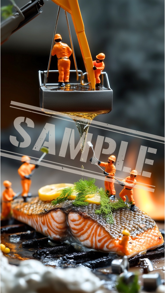 ミニチュア作業員と焼きサーモンの現場｜スマホ壁紙