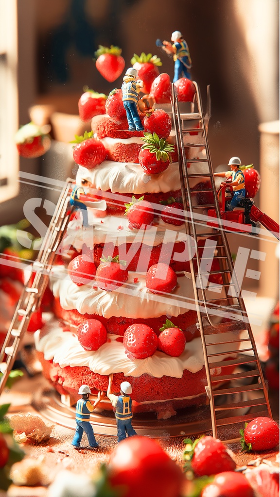 ミニチュア作業員といちごケーキの現場｜スマホ壁紙