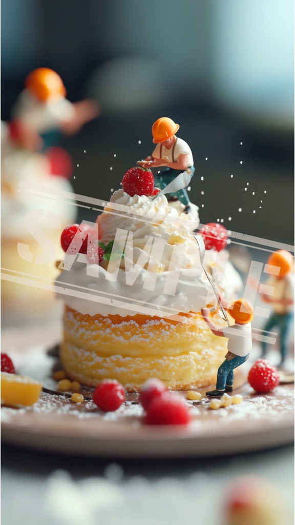 ミニチュア作業員とベリーケーキの現場|スマホ壁紙
