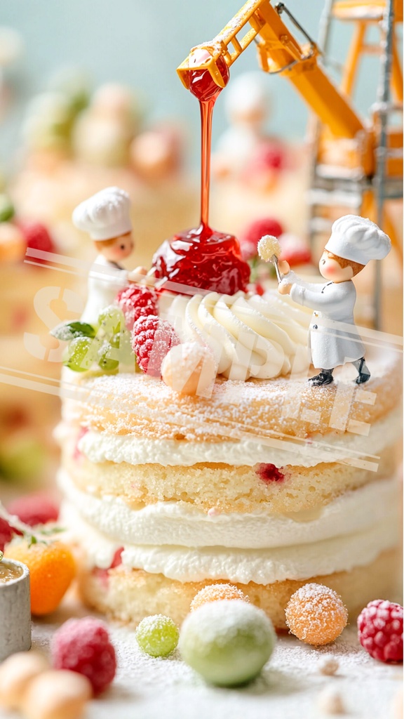 ミニチュア作業員とベリーケーキの仕上げ現場｜スマホ壁紙