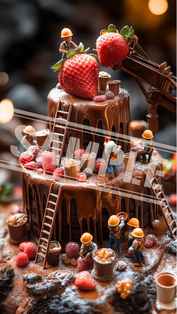 ミニチュア作業員とチョコレートケーキの苺搬入現場|スマホ壁紙