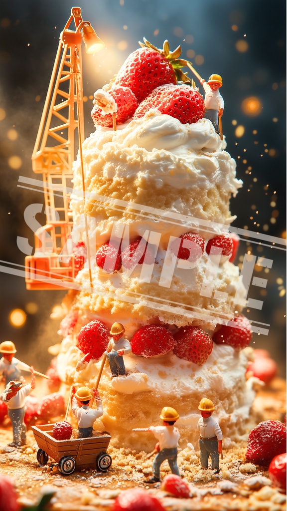 ミニチュア作業員といちごショートケーキの建設現場｜スマホ壁紙