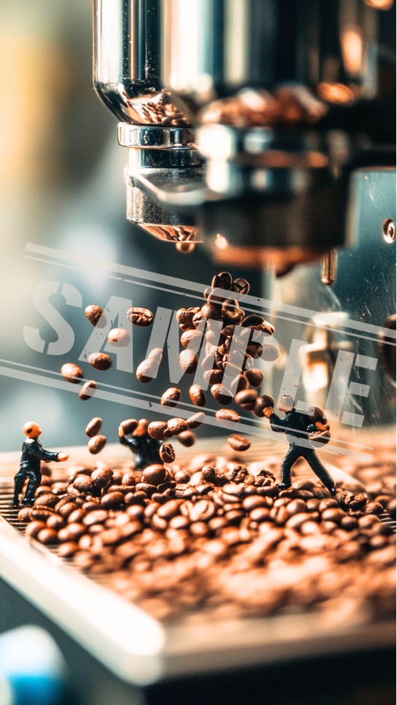 ミニチュア作業員と舞い散るコーヒービーンズ|スマホ壁紙