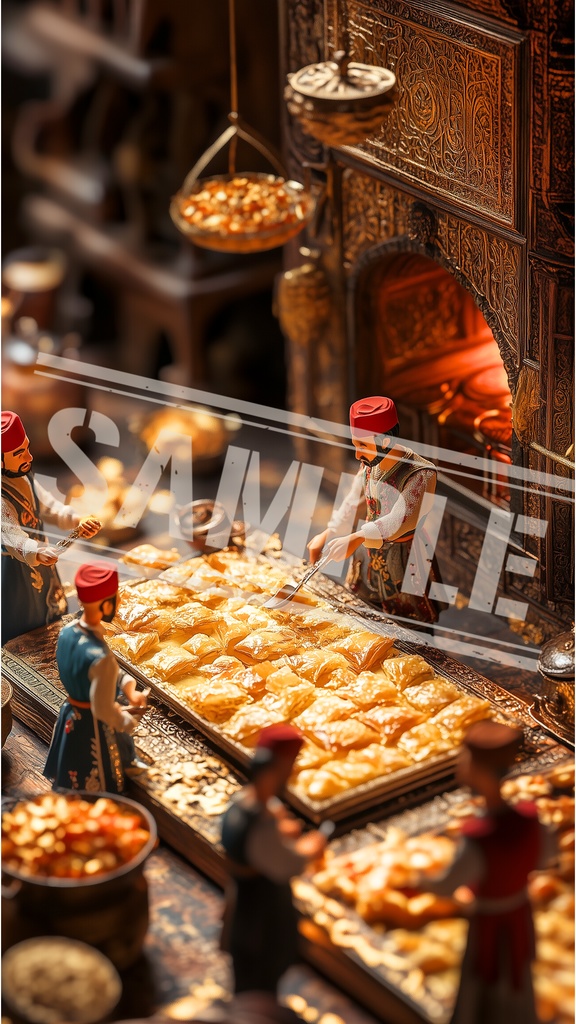 ミニチュア作業員と極上バクラヴァ｜スマホ壁紙  