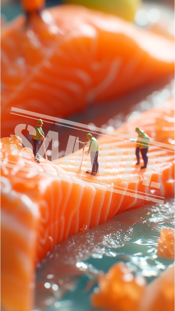 ミニチュア作業員とサーモンの輝く現場｜スマホ壁紙