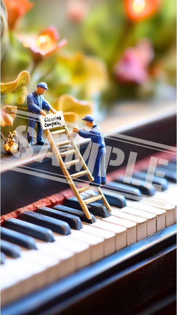 ミニチュア作業員とピアノ清掃完了|スマホ壁紙