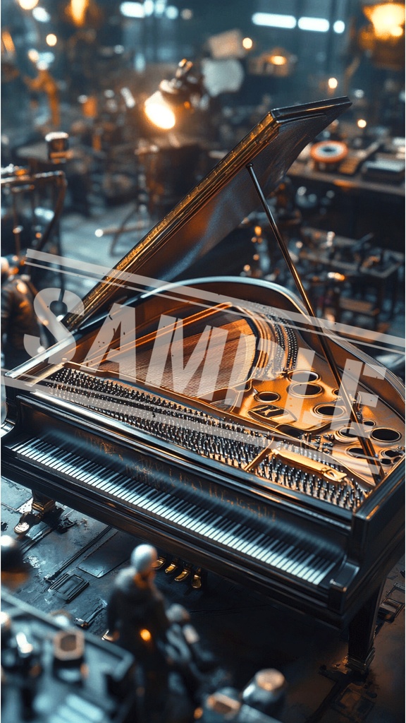 ミニチュア作業員とグランドピアノ整備工場|スマホ壁紙