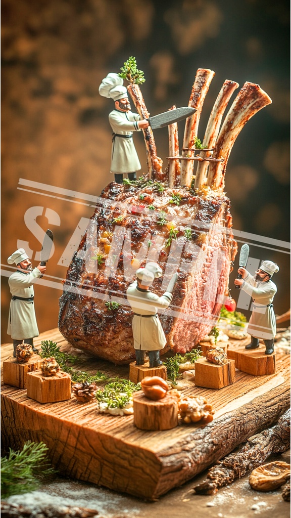 ミニチュア作業員と巨大肉の解体ショー｜スマホ壁紙
