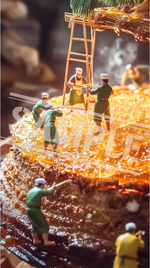 ミニチュア作業員と巨大ケーキの蜜塗り作業|スマホ壁紙