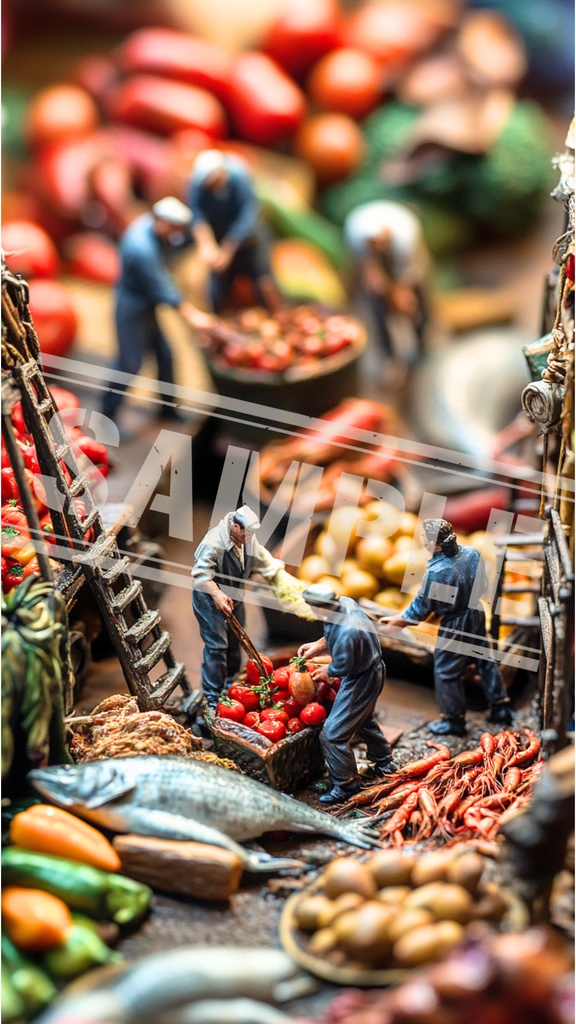 ミニチュア作業員と市場の朝｜スマホ壁紙