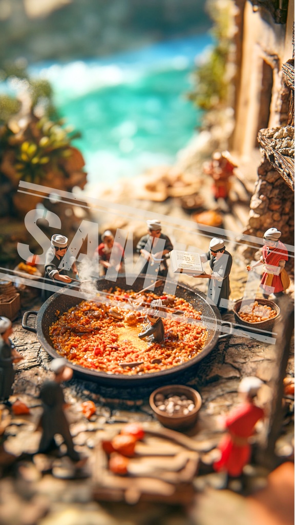 ミニチュア作業員と海辺のパエリア｜スマホ壁紙